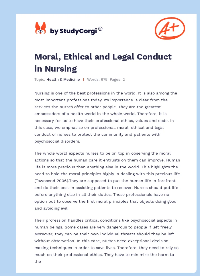 Moral, Ethical and Legal Conduct in Nursing. Page 1