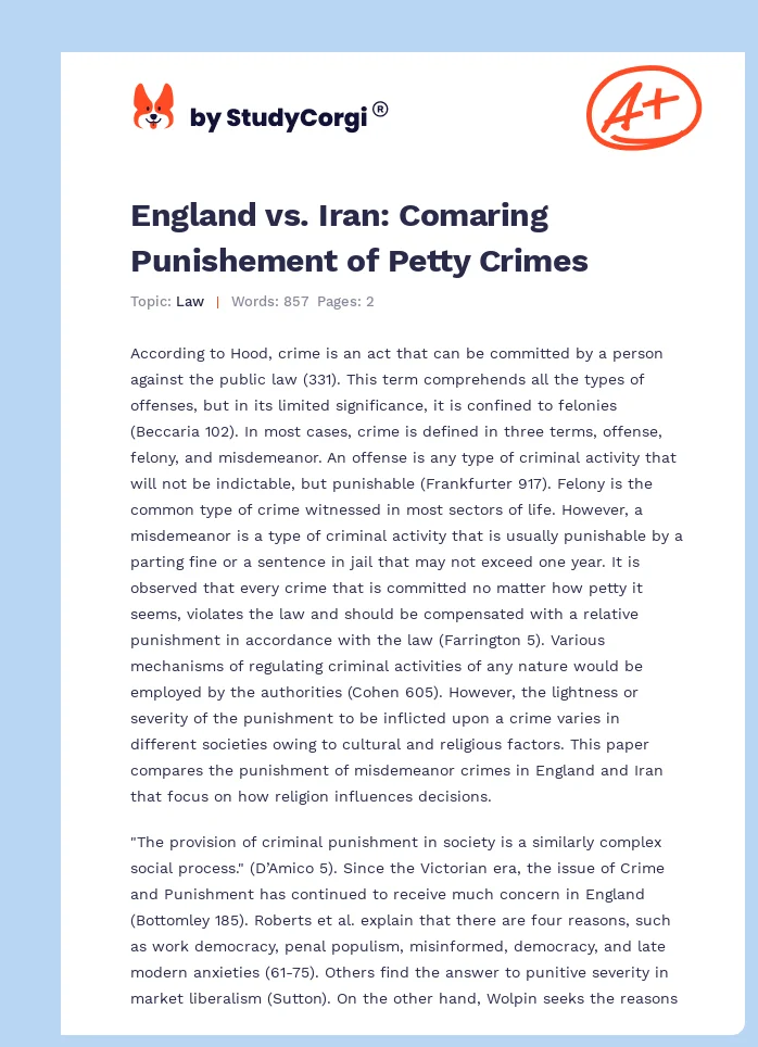England vs. Iran: Comaring Punishement of Petty Crimes. Page 1