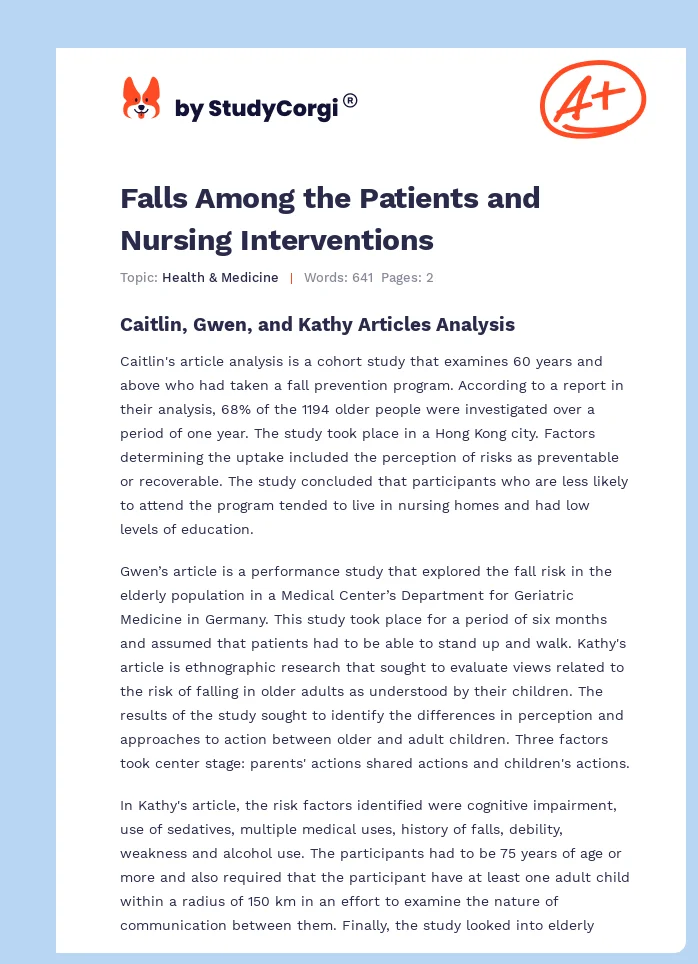 Falls Among the Patients and Nursing Interventions. Page 1