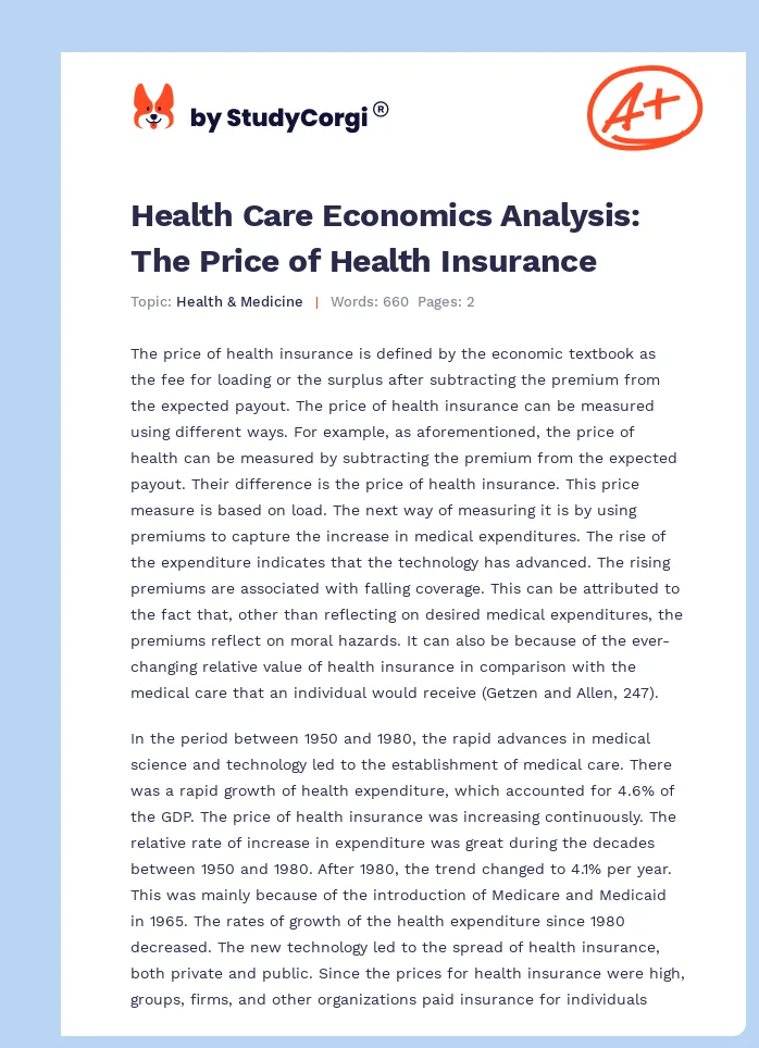 Health Care Economics Analysis: The Price of Health Insurance. Page 1