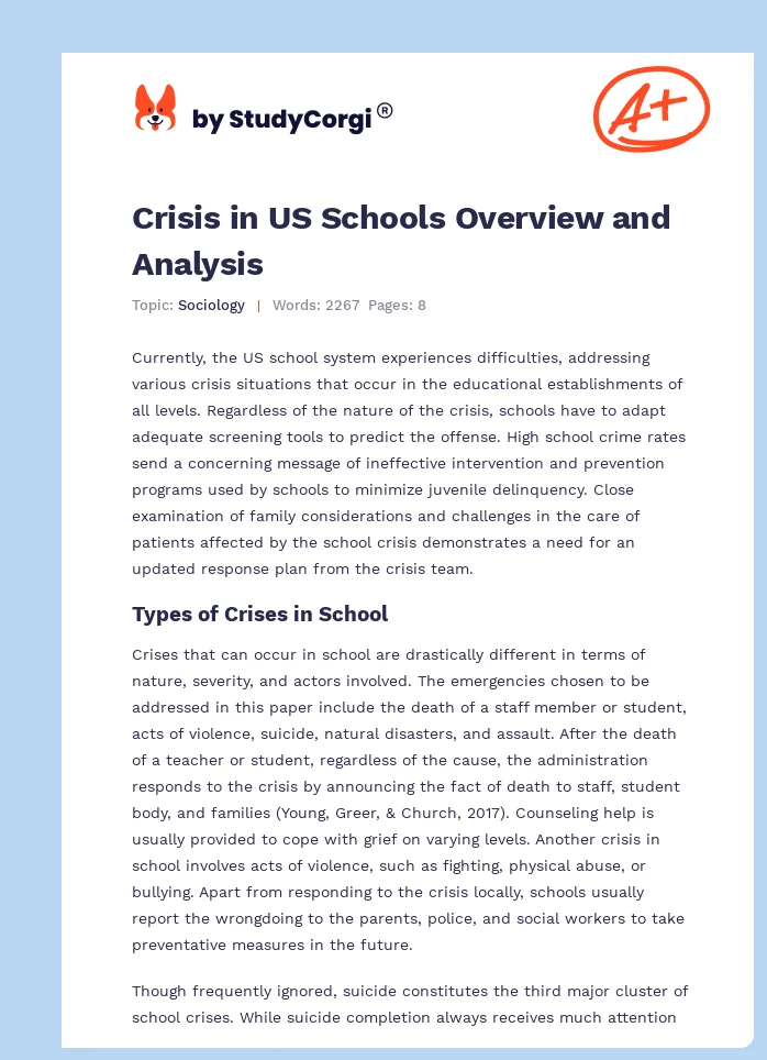 Crisis in US Schools Overview and Analysis. Page 1