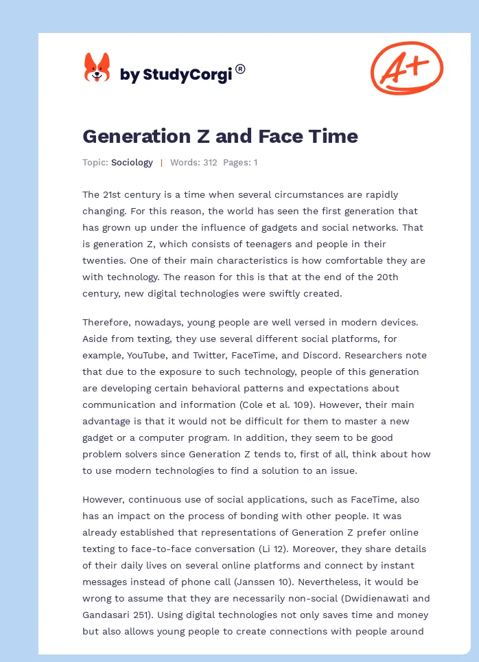 Generation Z and Face Time. Page 1