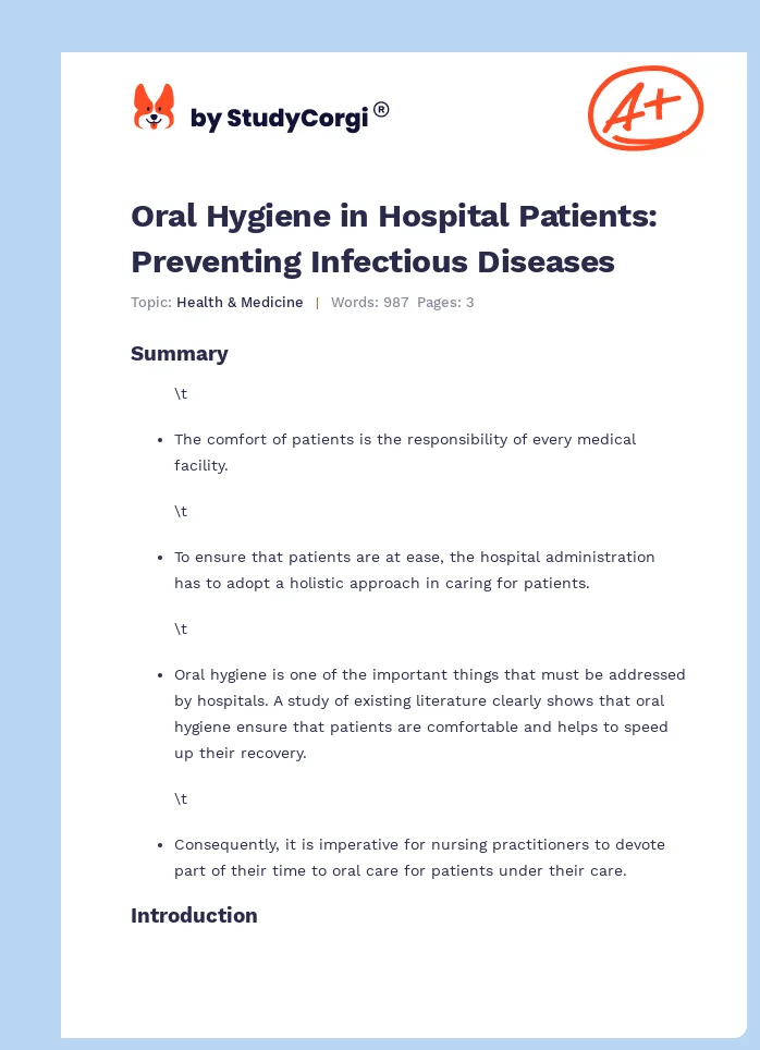 Oral Hygiene in Hospital Patients: Preventing Infectious Diseases. Page 1
