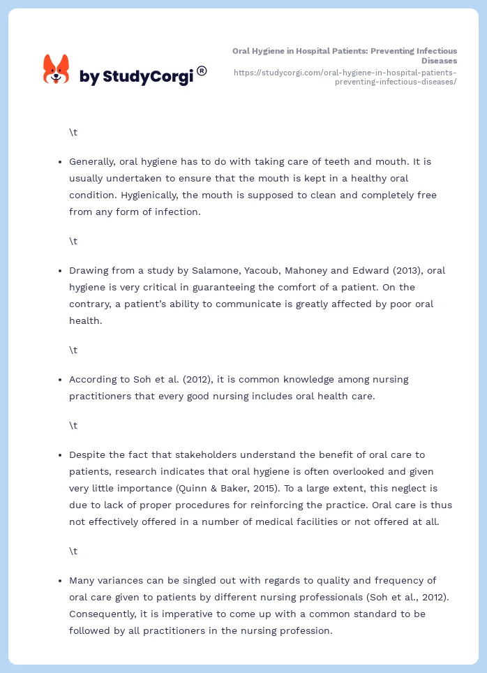 Oral Hygiene in Hospital Patients: Preventing Infectious Diseases. Page 2