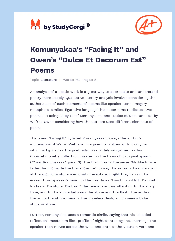 Komunyakaa’s “Facing It” and Owen’s “Dulce Et Decorum Est” Poems. Page 1