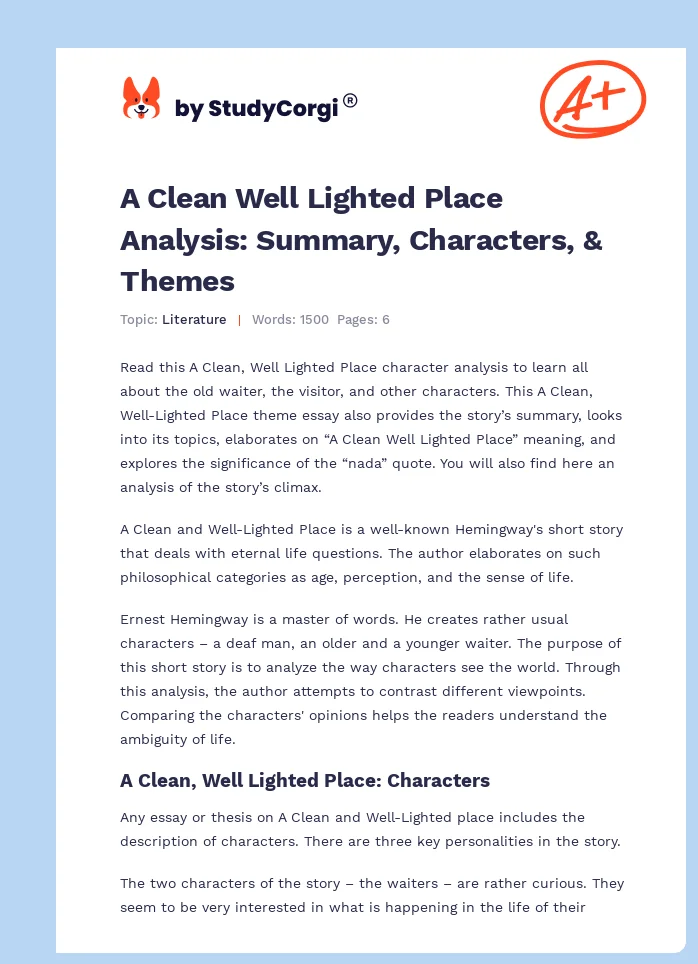 A Clean Well Lighted Place Analysis: Summary, Characters, & Themes. Page 1