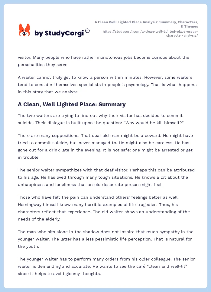 A Clean Well Lighted Place Analysis: Summary, Characters, & Themes. Page 2