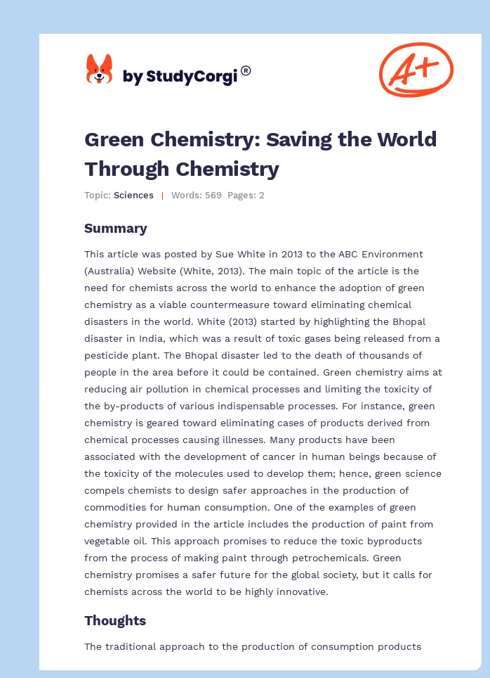 Green Chemistry: Saving the World Through Chemistry. Page 1