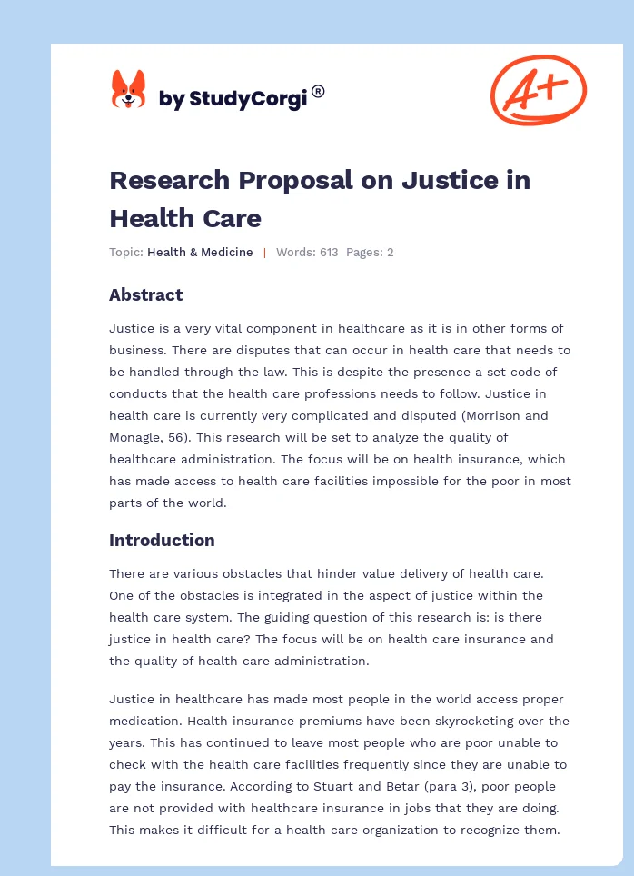 Research Proposal on Justice in Health Care. Page 1