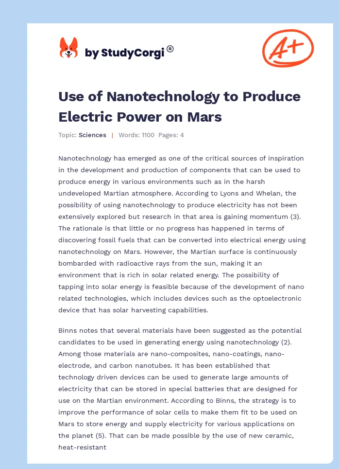 Use of Nanotechnology to Produce Electric Power on Mars. Page 1