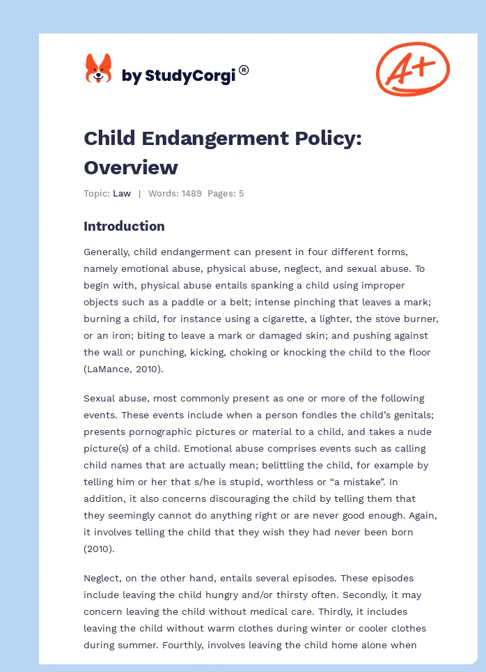 Child Endangerment Policy: Overview. Page 1