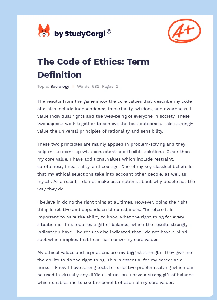 The Code of Ethics: Term Definition. Page 1
