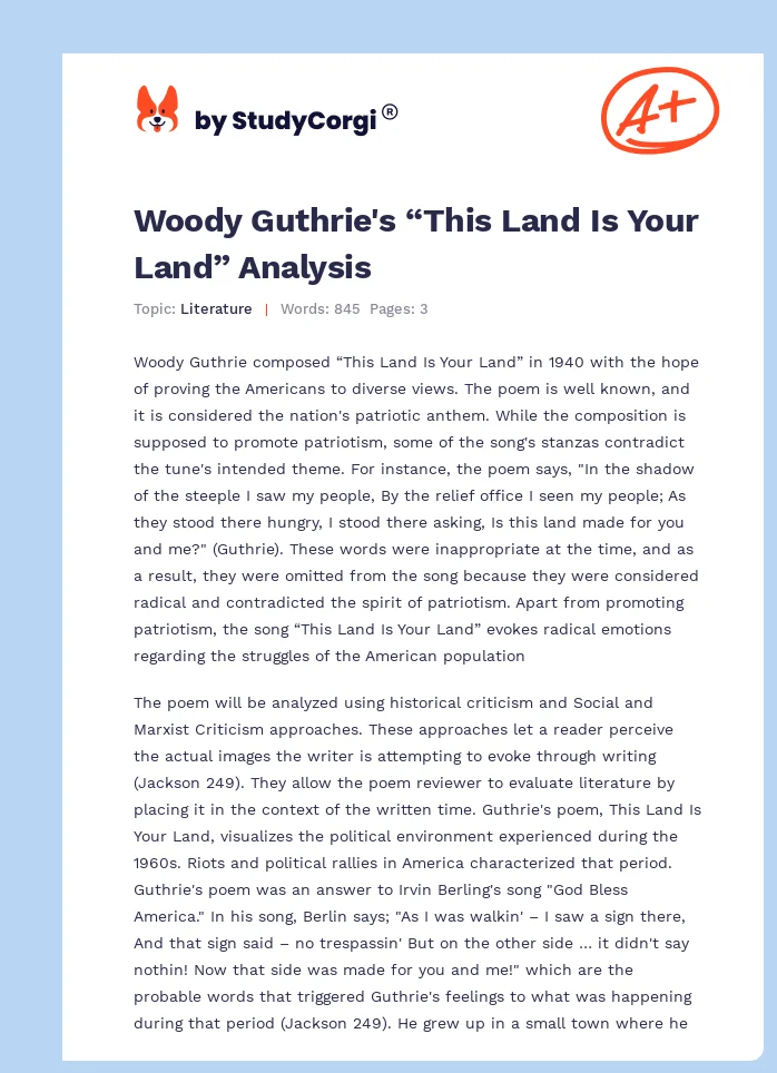 Woody Guthrie's “This Land Is Your Land” Analysis. Page 1