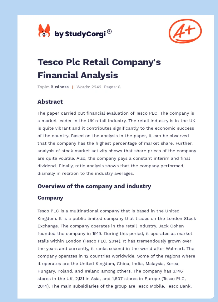 Tesco Plc Retail Company's Financial Analysis. Page 1