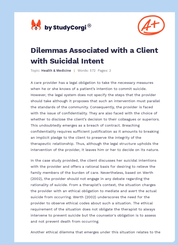 Dilemmas Associated with a Client with Suicidal Intent. Page 1