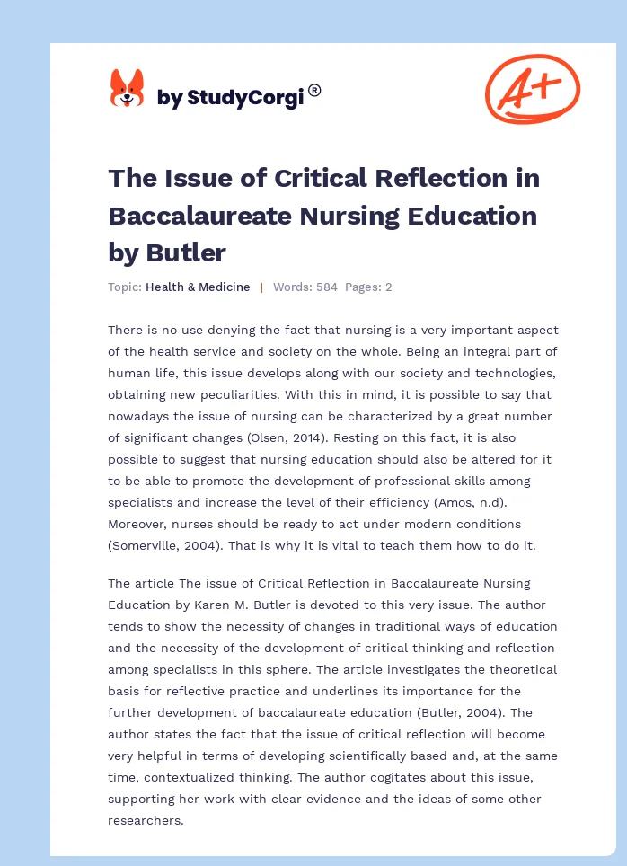 The Issue of Critical Reflection in Baccalaureate Nursing Education by Butler. Page 1