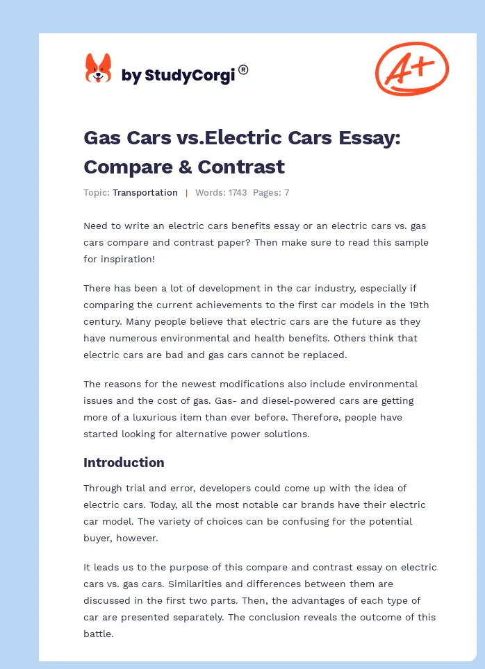 Gas Cars vs.Electric Cars Essay: Compare & Contrast. Page 1