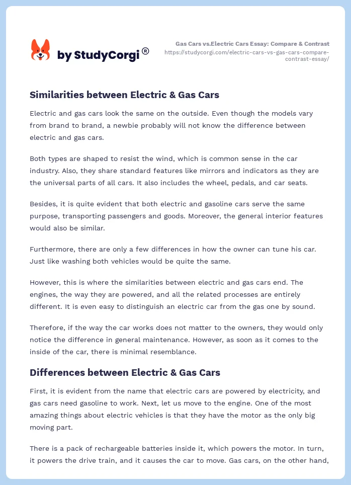 Gas Cars vs.Electric Cars Essay: Compare & Contrast. Page 2