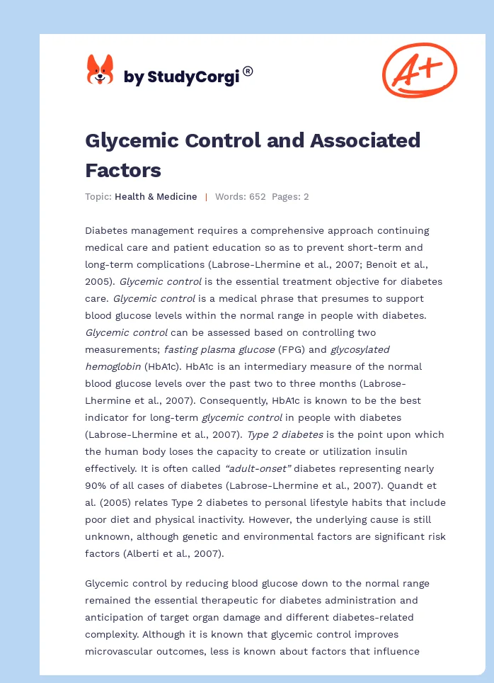 Glycemic Control and Associated Factors. Page 1