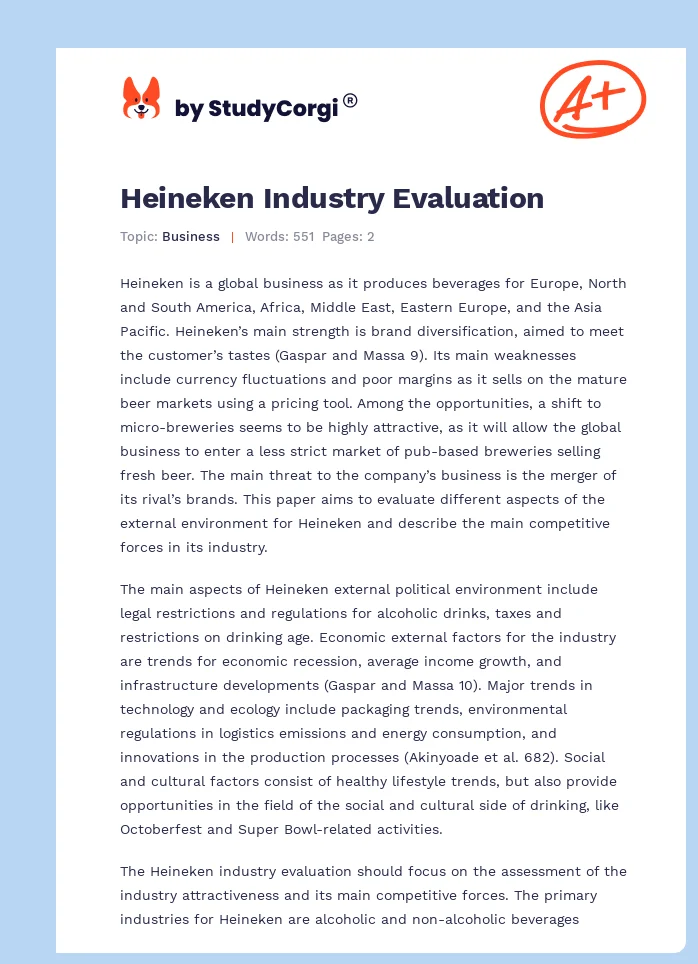 Heineken Industry Evaluation. Page 1
