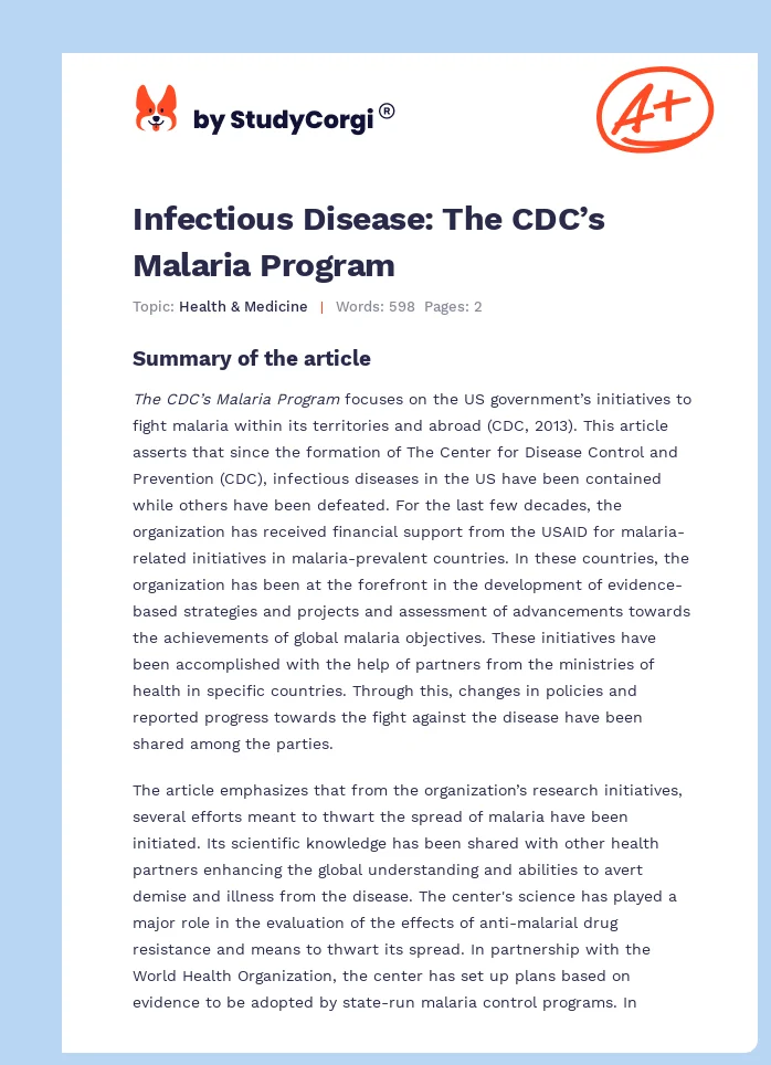 Infectious Disease: The CDC’s Malaria Program. Page 1