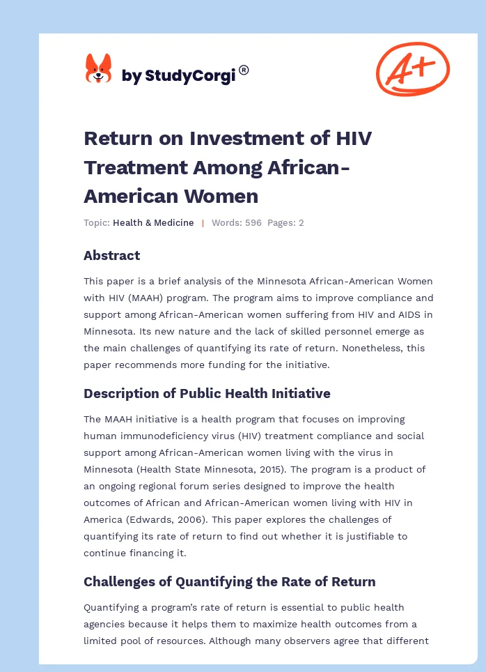 Return on Investment of HIV Treatment Among African-American Women. Page 1