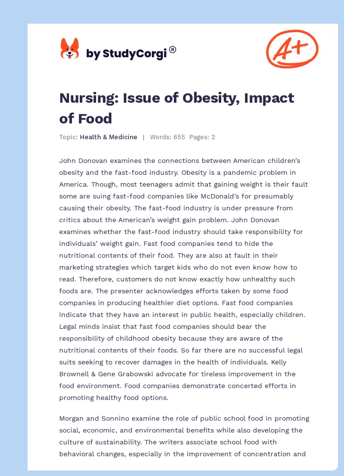 Nursing: Issue of Obesity, Impact of Food. Page 1