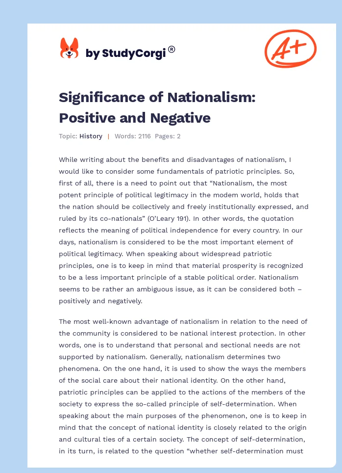 Significance of Nationalism: Positive and Negative. Page 1