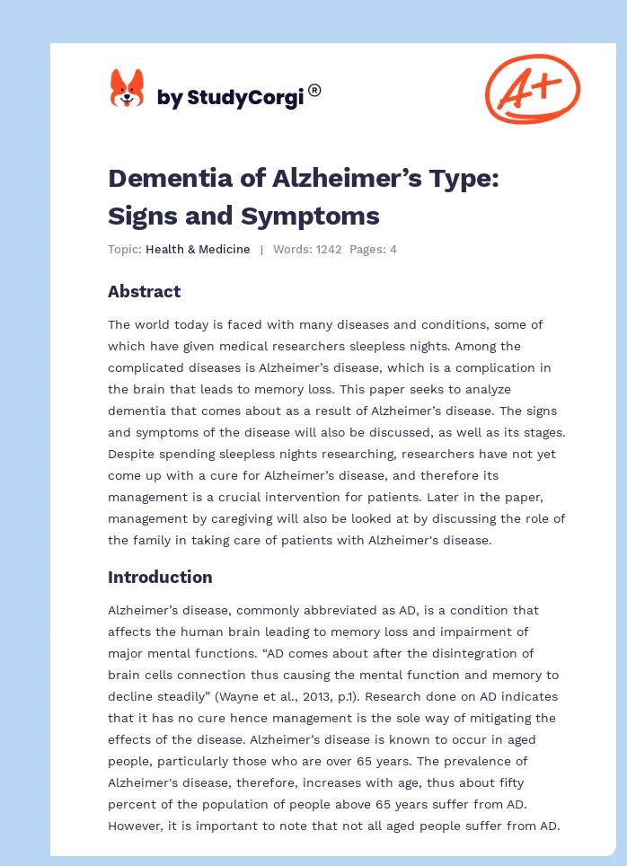 Dementia of Alzheimer’s Type: Signs and Symptoms. Page 1