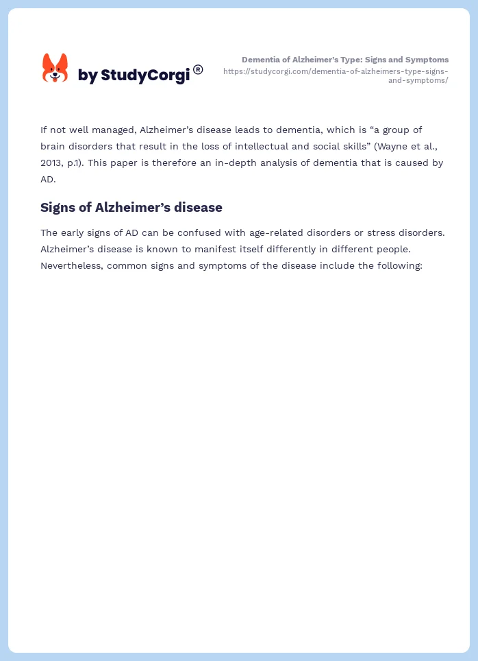 Dementia of Alzheimer’s Type: Signs and Symptoms. Page 2
