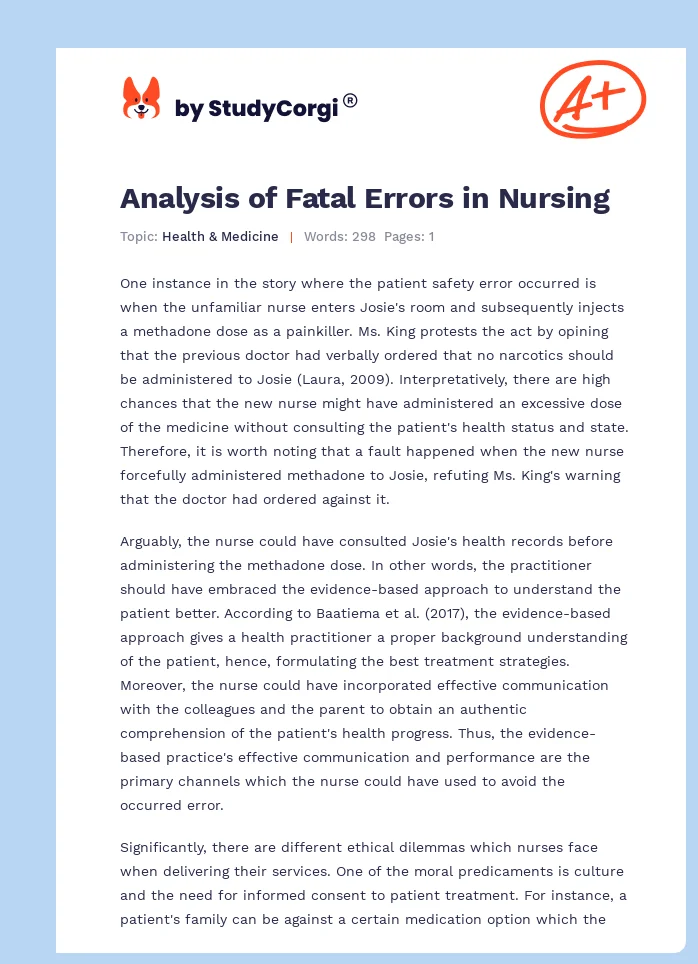 Analysis of Fatal Errors in Nursing. Page 1