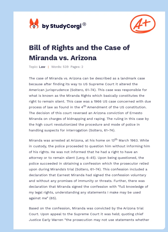 Bill of Rights and the Case of Miranda vs. Arizona. Page 1