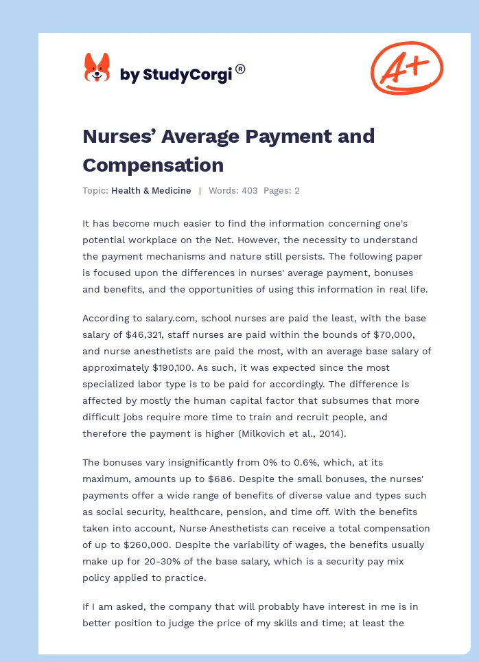 Nurses’ Average Payment and Compensation. Page 1