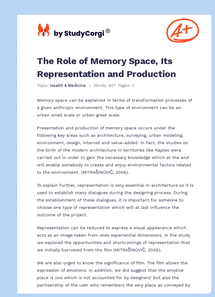 The Role of Memory Space, Its Representation and Production. Page 1