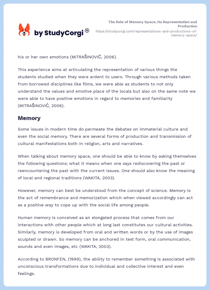 The Role of Memory Space, Its Representation and Production. Page 2
