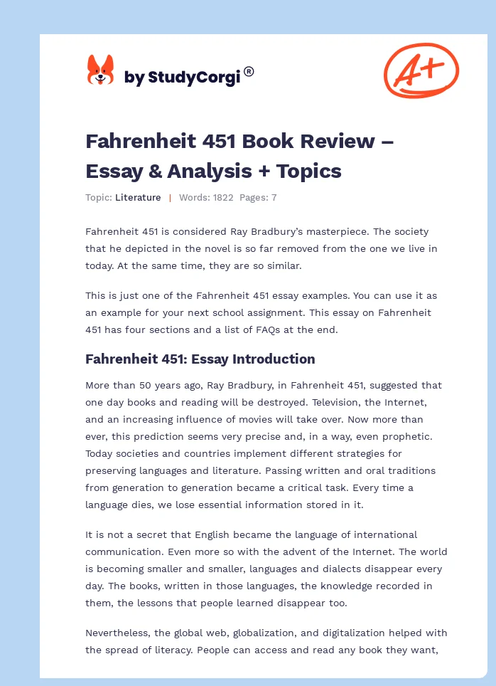 Fahrenheit 451 Book Review – Essay & Analysis + Topics. Page 1