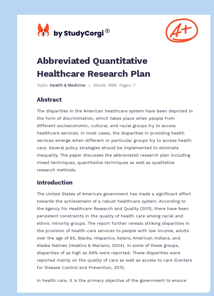 Abbreviated Quantitative Healthcare Research Plan. Page 1