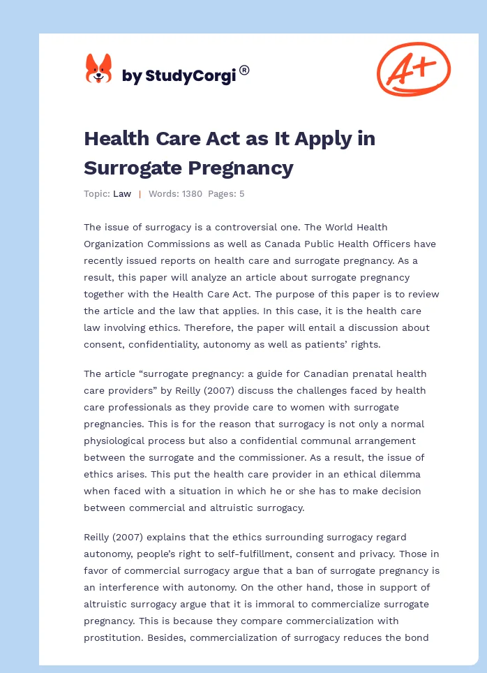 Health Care Act as It Apply in Surrogate Pregnancy. Page 1