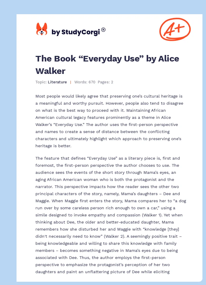 The Book “Everyday Use” by Alice Walker. Page 1