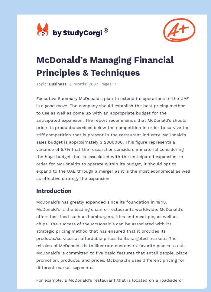 McDonald’s Managing Financial Principles & Techniques. Page 1