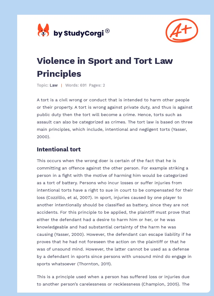 Violence in Sport and Tort Law Principles. Page 1