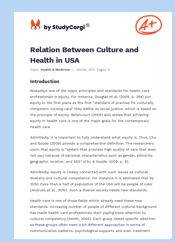 Relation Between Culture and Health in USA. Page 1