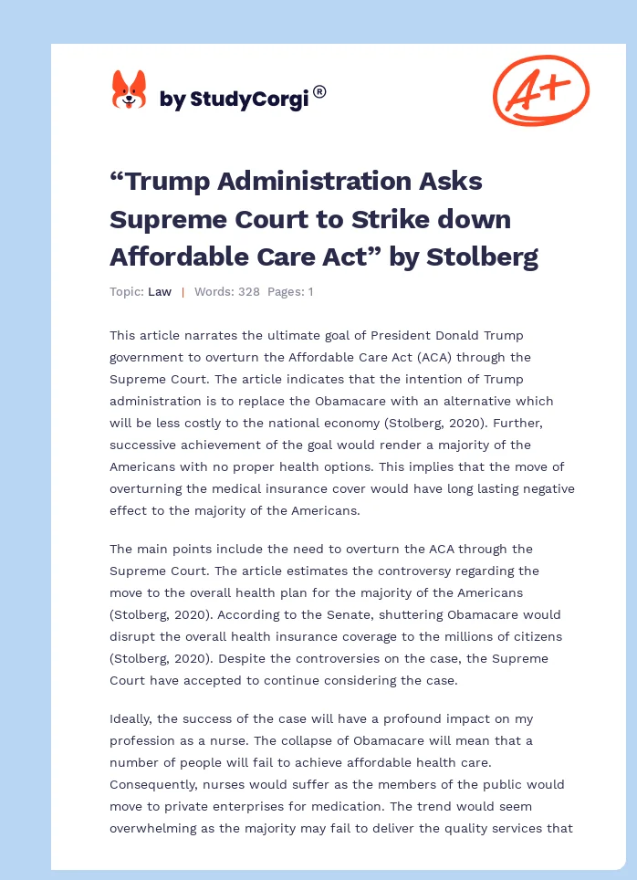 “Trump Administration Asks Supreme Court to Strike down Affordable Care Act” by Stolberg. Page 1