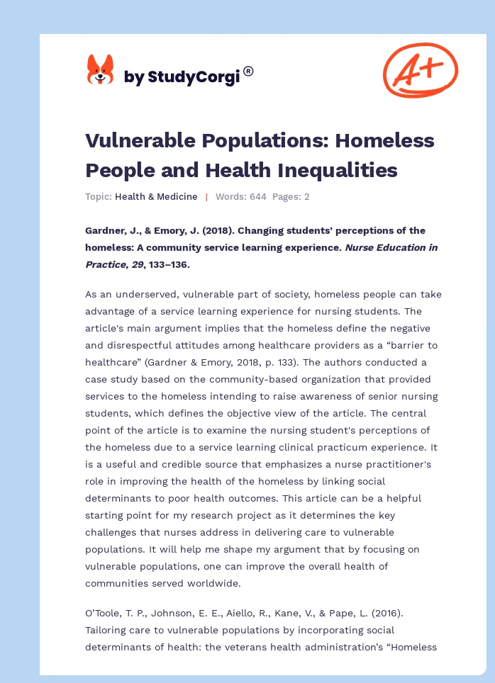 Vulnerable Populations: Homeless People and Health Inequalities. Page 1