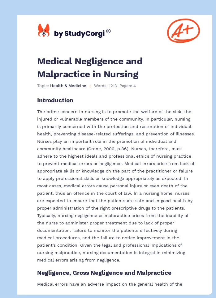 Medical Negligence and Malpractice in Nursing. Page 1