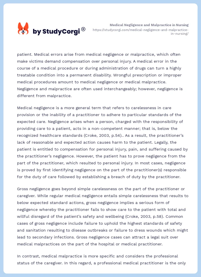 Medical Negligence and Malpractice in Nursing. Page 2
