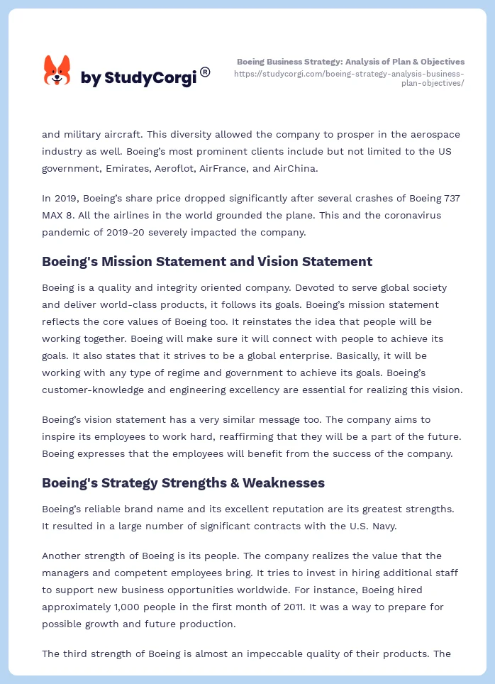 Boeing Business Strategy: Analysis of Plan & Objectives. Page 2