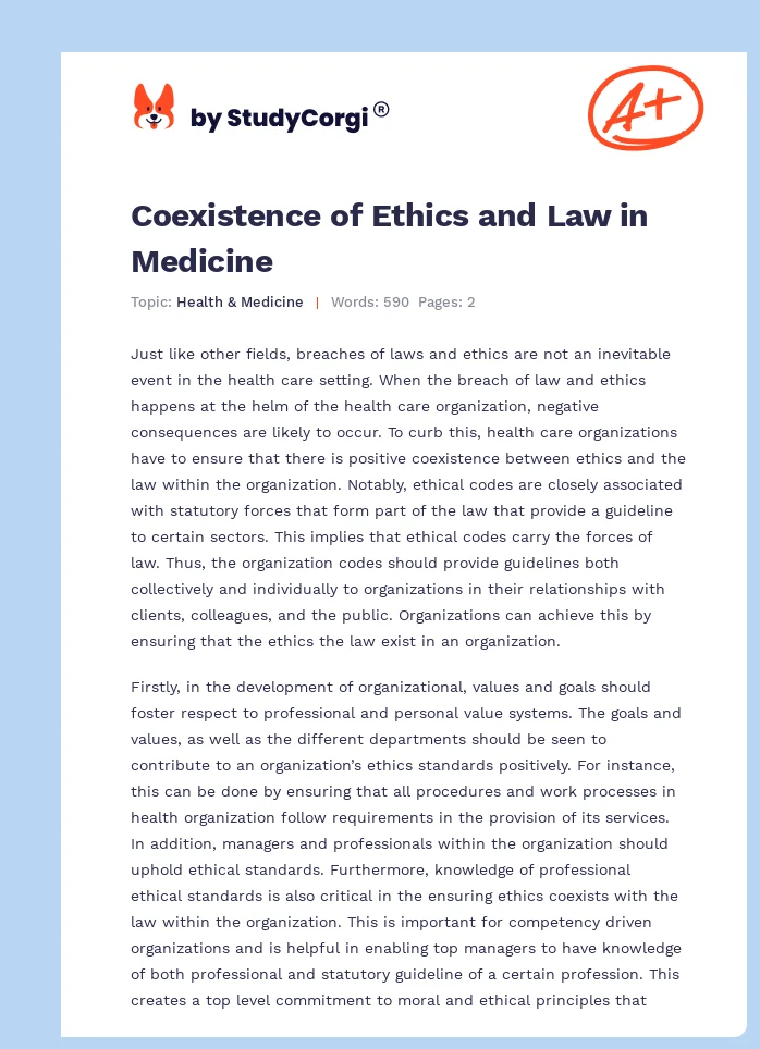 Coexistence of Ethics and Law in Medicine. Page 1