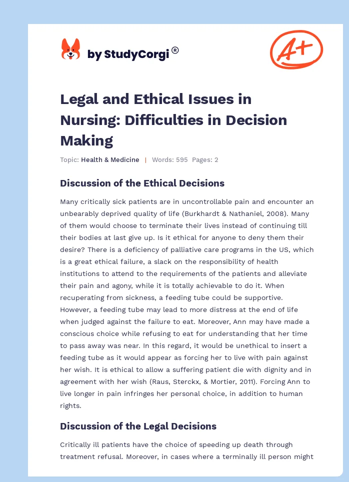 Legal and Ethical Issues in Nursing: Difficulties in Decision Making. Page 1