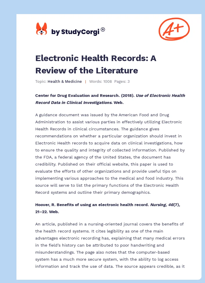 Electronic Health Records: A Review of the Literature. Page 1